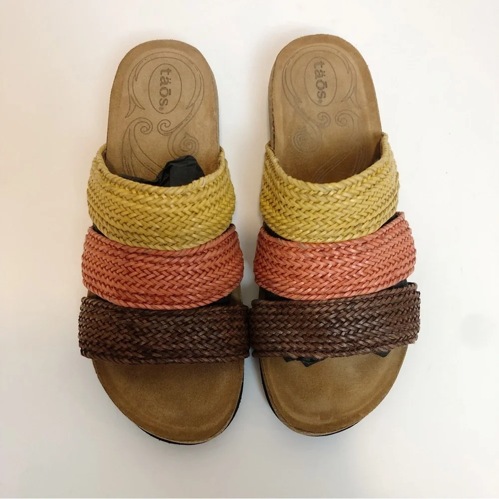 Taos Footwear Woven Slide Sandals in Yellow, Coral & Brown
